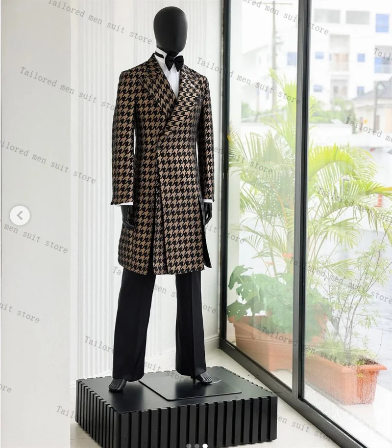 

Houndstooth Long Men Suits Set 2 Pieces Long Blazer+Black Pants Trousers Autumn Fall Wedding Tuxedos Jacket Formal Office Coat
