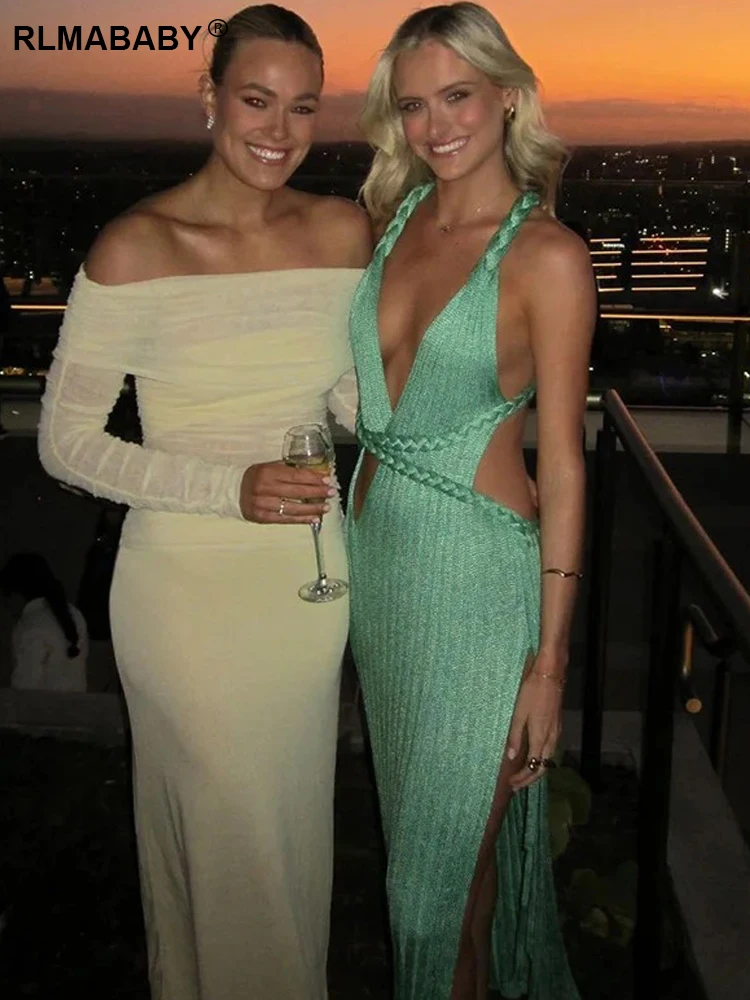 RLMABABY เซ็กซี่ลึก V คอ Backless ผู้หญิงยาวถักชุดฤดูร้อนเซ็กซี่ Slim BANDAGE ด้านข้างแยกพู่สีเขียวชุด Maxi ชุด