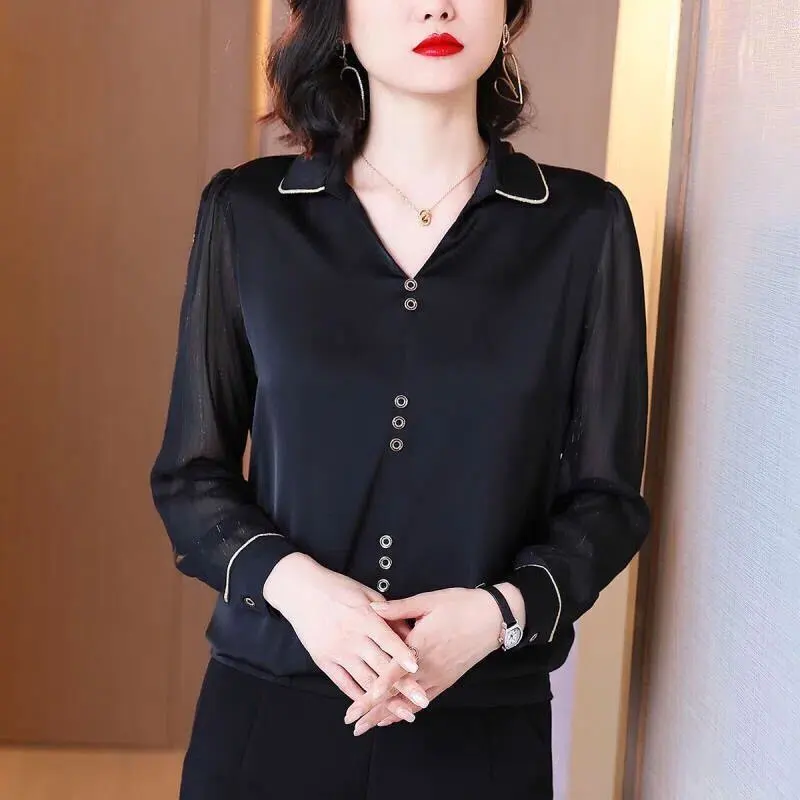 Office Lady Turn-down Collar Blouse 2022 Spring Autumn Bright Line Decoration Stylish Button Female Solid Color Patchwork Shirt