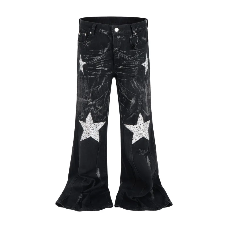 

EU/US High Street Washed Loose Wide-Leg Star-Embossed Flared Denim Jeans for Men Hip Hop Trendy Pants