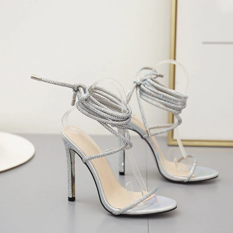 One Word Strap High Heels Plus Size, Summer Rhinestone Sexy Plus Size Stiletto Sandals Women 11cm Strappy High Heels