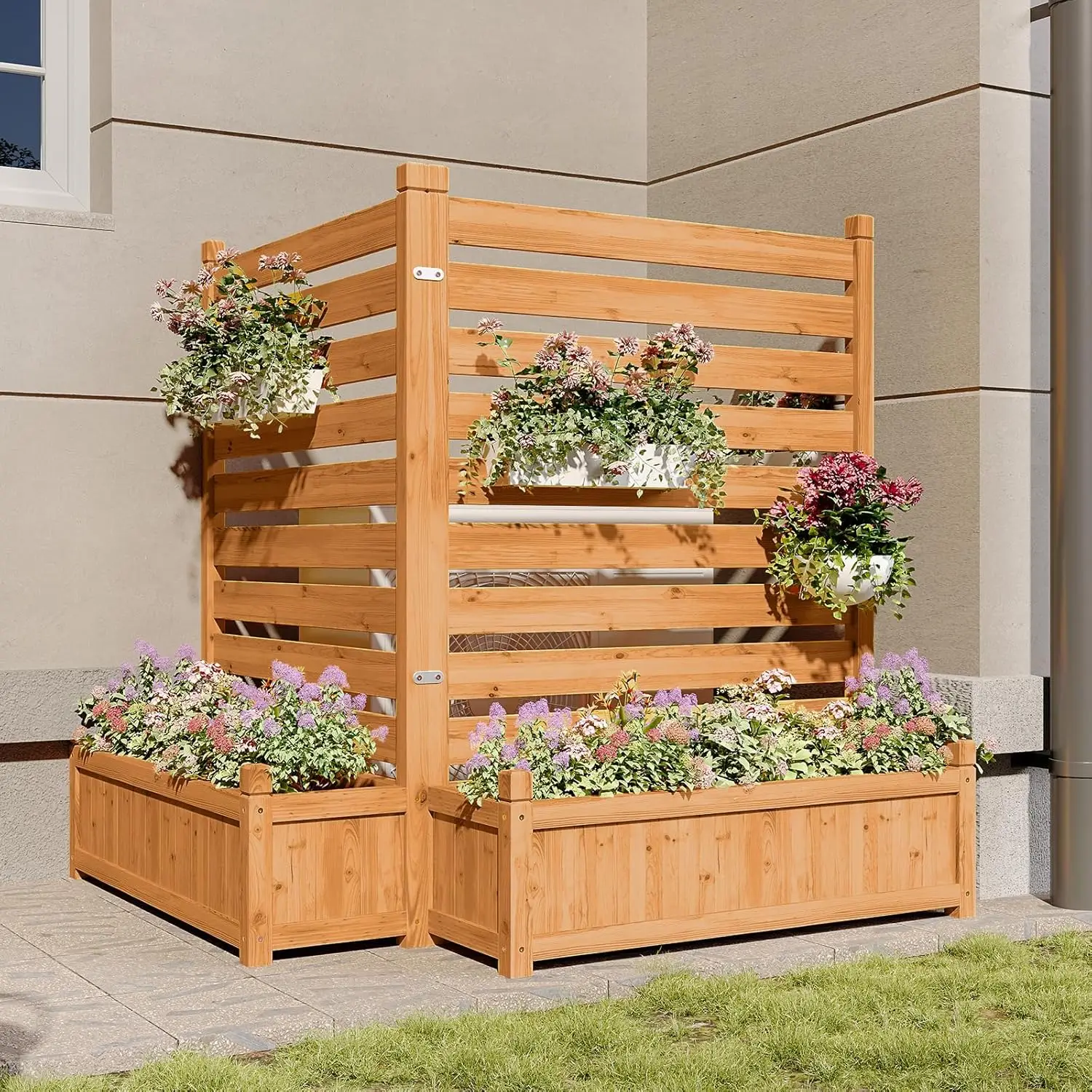 

Air Conditioner Fence, 2-Panel Outdoor Wood Privacy Screen with Planter Box, 34" W x 45" H Privacy Fence for Air Conditioner, Tr