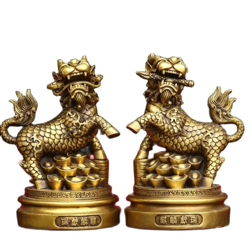 Manufacturer wholesale brass Kirin ornaments, a pair of Kirin auspicious gifts, attracting wealth and giving away children, liv