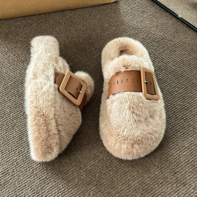 Curly Wool Fur Slippers Women Winter Shoes Ladies Fleeces Sandalias Warm Plush Slides Belt Buckle Fluffy Mules Female Pantuflas