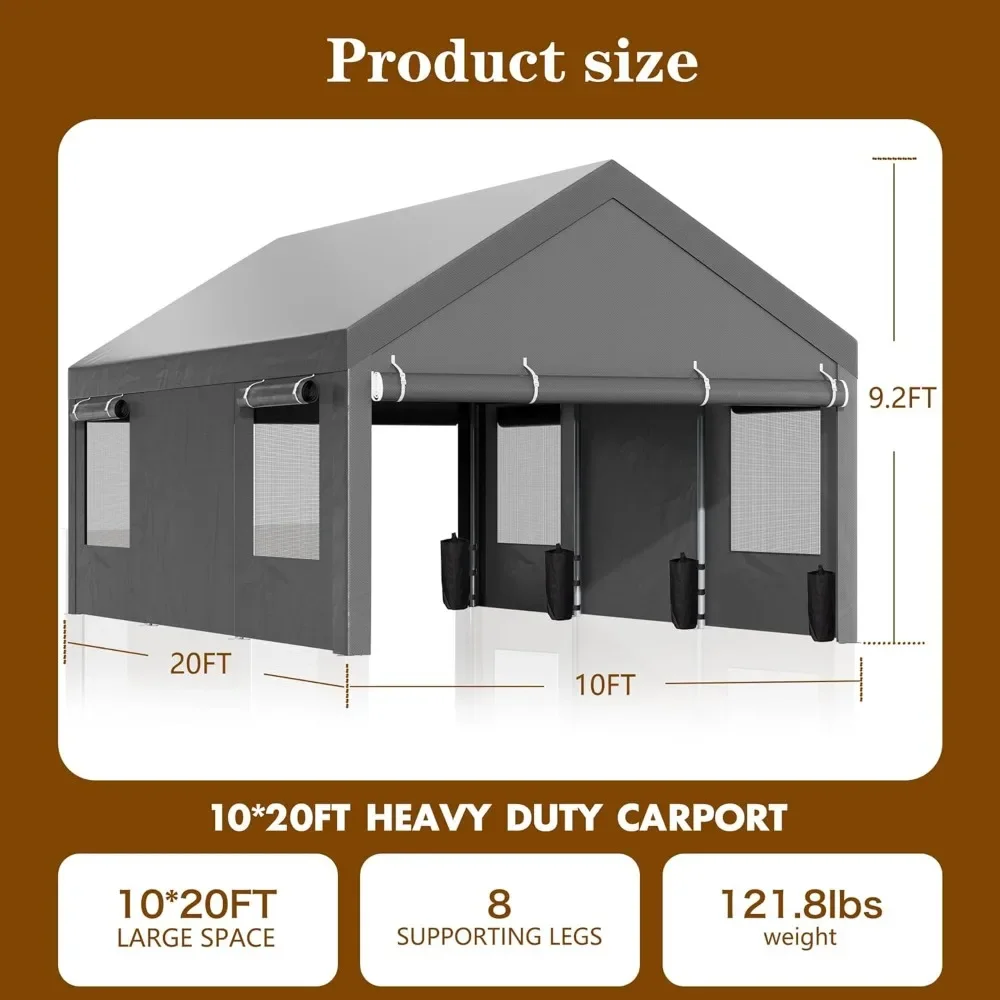 10x20 Ft Heavy Duty Carport with Roll-up Windows, Portable Garage with Removable Sidewalls & Doors, Canopy with All-Season Tarp