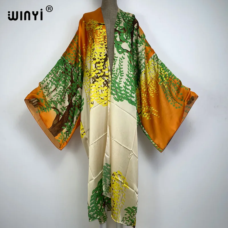 

WINYI summer Vintage printing Women Cardigan Loose Long Dress elegant Party Boho elegant beach Holiday Swimming Cover Up Kimonos