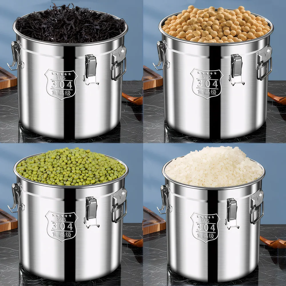 

6/12/21/33L 304 Stainless Steel Airtight Canister with Seal Lid Food Oil Sugar Milk Storage Bucket with Handles for Home Kitchen