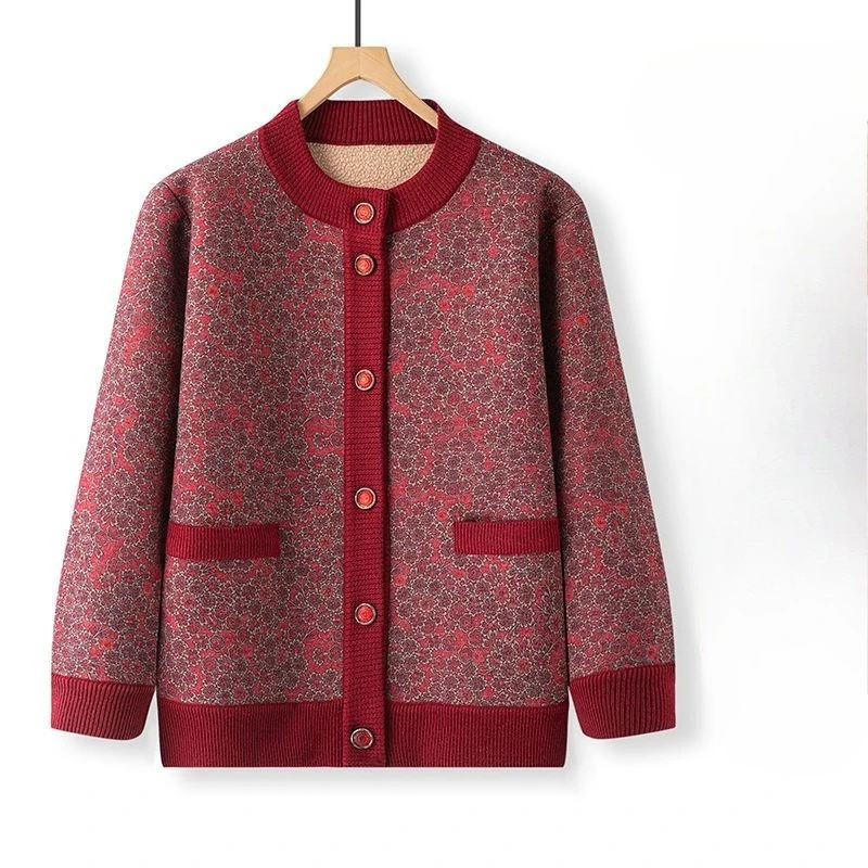 Women's Spring Autumn Blouse Jacket Cardigan Printed Velvet Thickened Warm Middle-aged Simple Comfortable Soft Niche Versatile