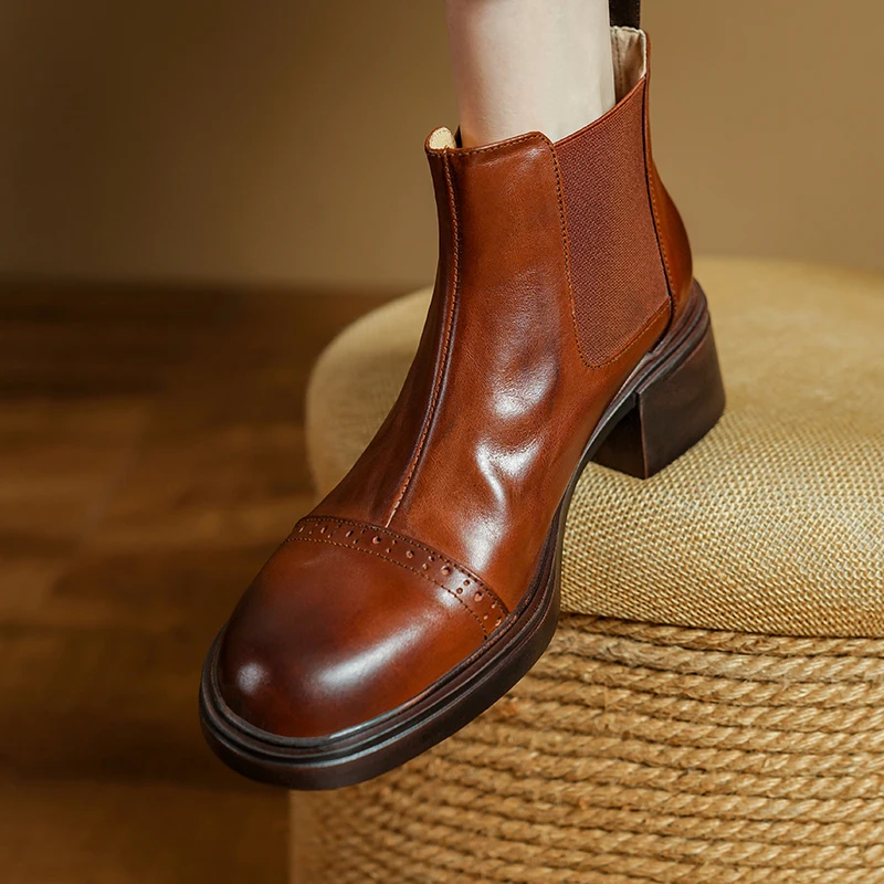 2027 Designer Thick Heel Women Ankle Boots Fashion Genuine Leather Shoes Autumn Winter Ladies Elegant Short Booties Womens Shoes