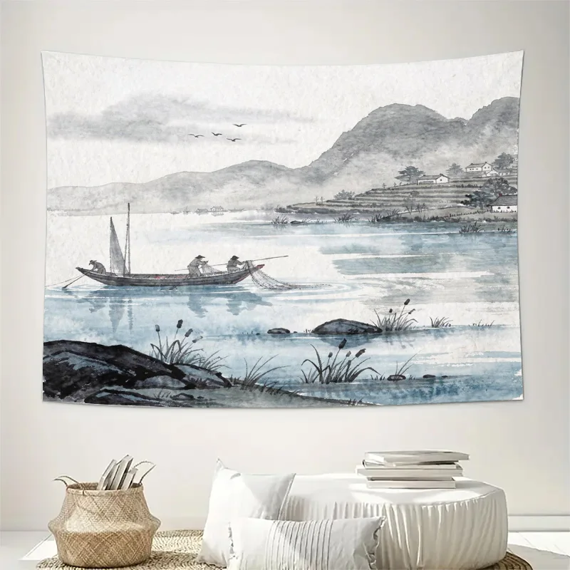 Elegant Watercolor Asian Landscape Tapestry Wall Hanging for Home Decor Chinese River Mountain Scene Print Artwork for Living Ro