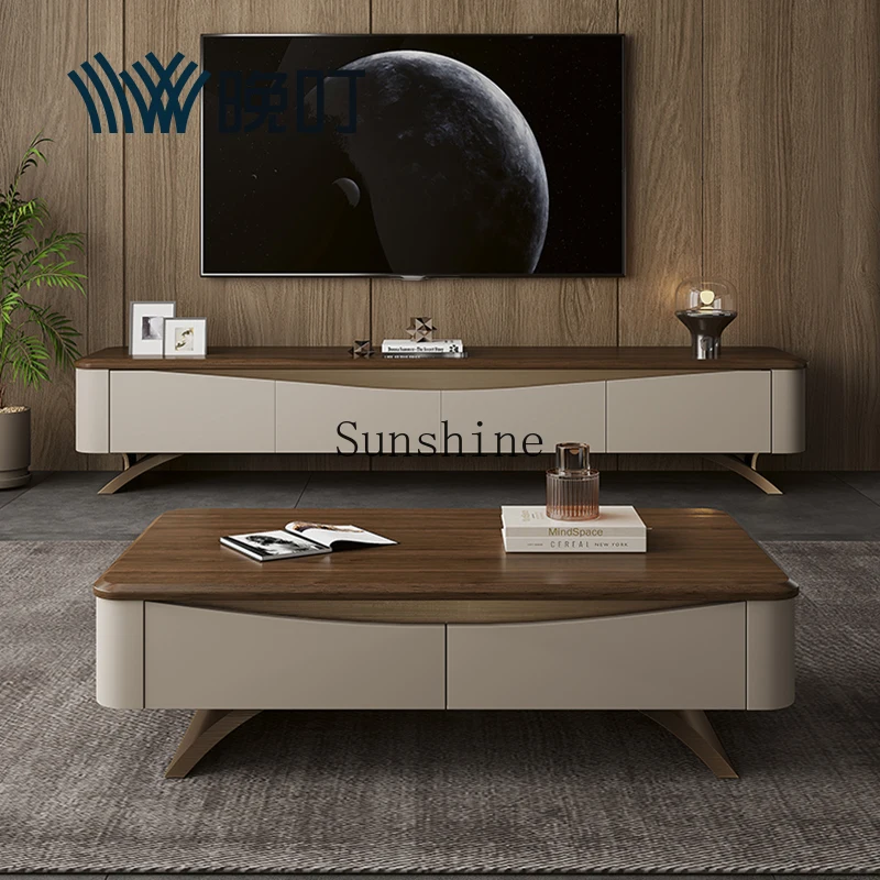 

Light luxury solid wood TV cabinet luxury villa living room design Italian minimalist combination coffee table