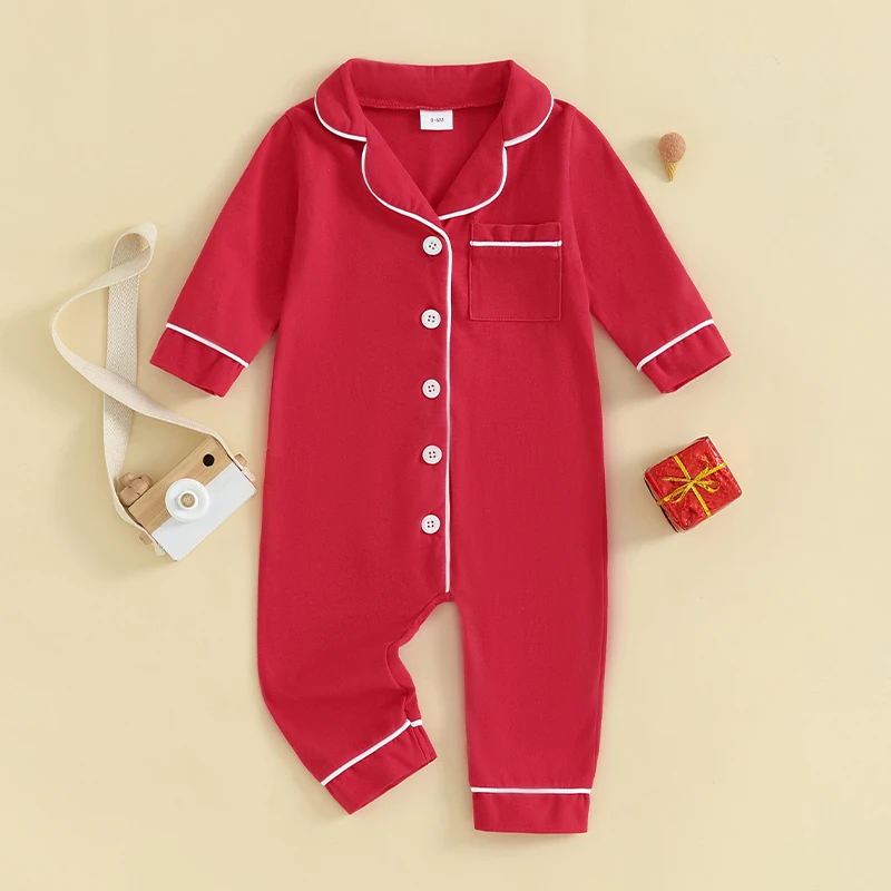 Toddler Baby Boy Girl Jumpsuit Long Sleeve Lapel Collar Button Down  Romper Solid Color Playsuit Bodysuit