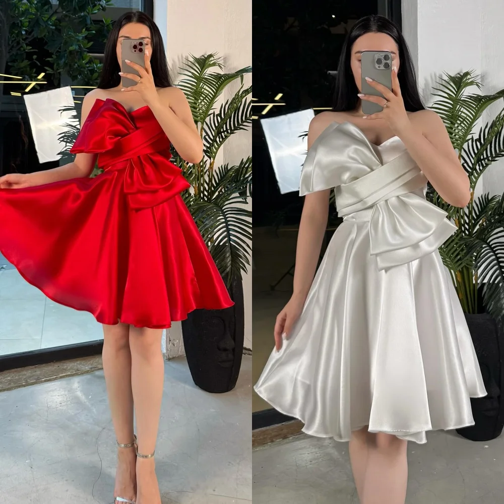 

Customized Sizes Available Simple Pleat Ruched Draped Bow A-line Strapless Knee Length Dresses Bespoke Occasion Dresses Fashion