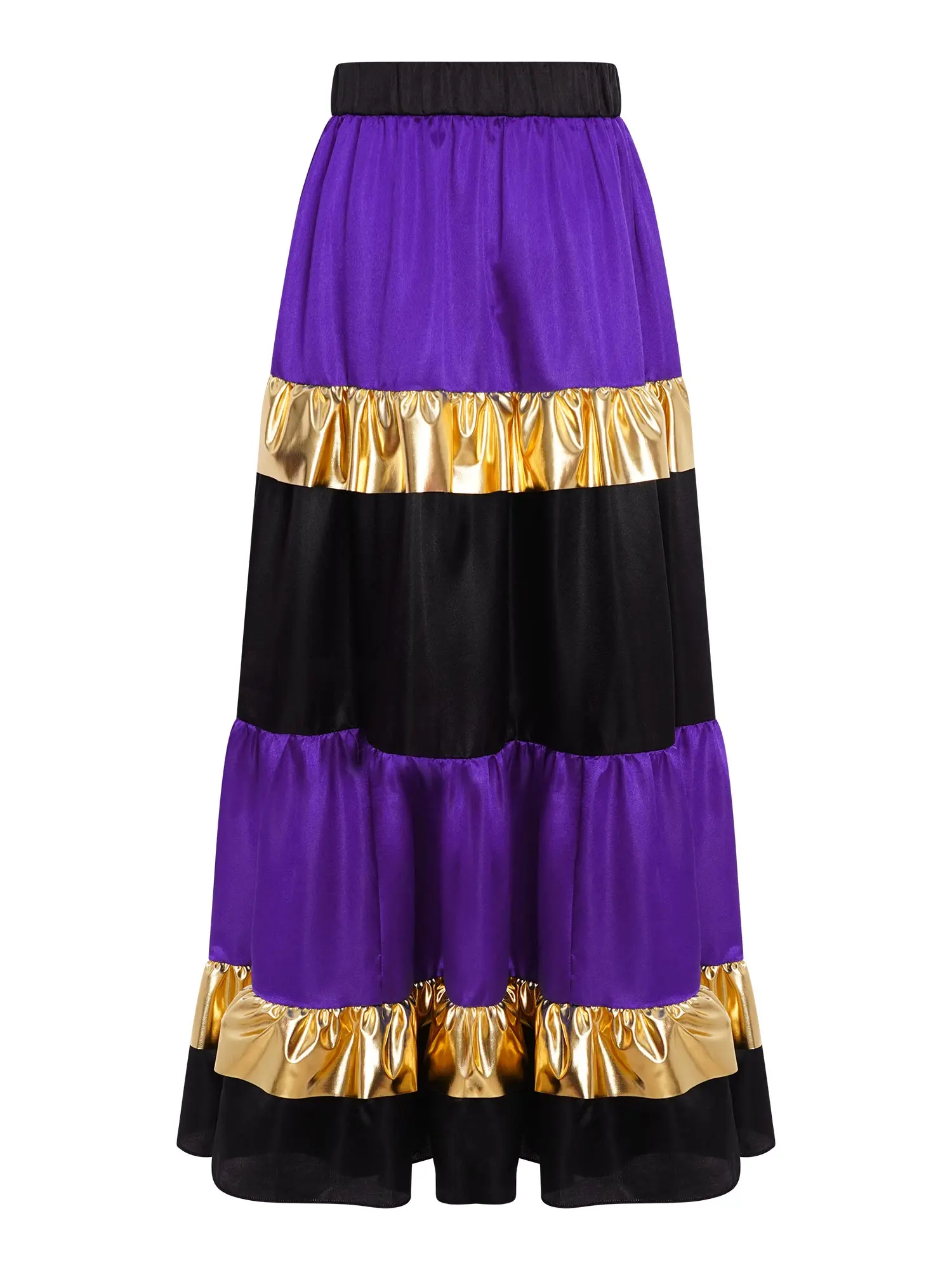 Traje de actuación de danza española Flamenco de vals para niñas, falda Maxi satinada con volantes escalonados, falda oscilante grande brillante metálica