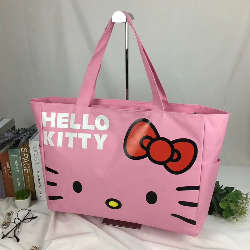 Santio Hello Kitty กระเป๋าเดินทางกันน้ำแบบพกพาผ้าใบแฟชั่น, กระเป๋าช้อปปิ้งพับความจุขนาดใหญ่กระเป๋าคุณแม่สะพายไหล่ข้างเดียว