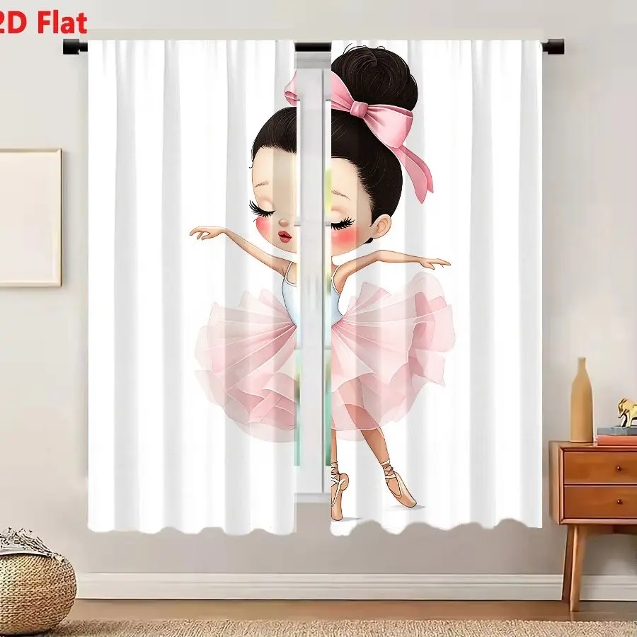 2 cortinas 2D planas con diseño de bailarina joven y linda en tutú rosa y leotardo azul con moño alto y mejillas rosadas para ventana