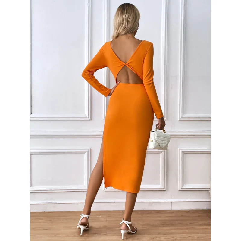 

YQ1-Autumn and Winter New Women's Sexy Backless Slim Fit Elegant Long Sleeve Bodycon Party Dress