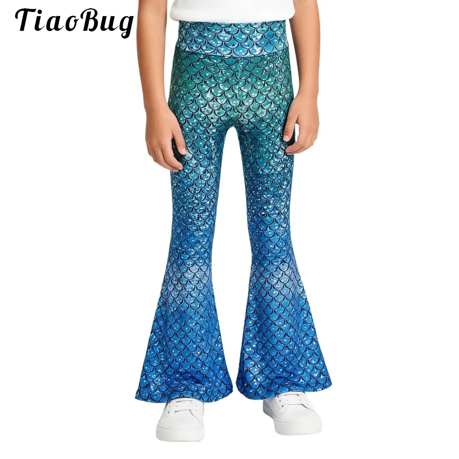 Kids Girls Mermaid Costume Pants Fish Scale Printed High Waist Flared Long Pants Elastic Waistband Bell Bottom Legging Trousers