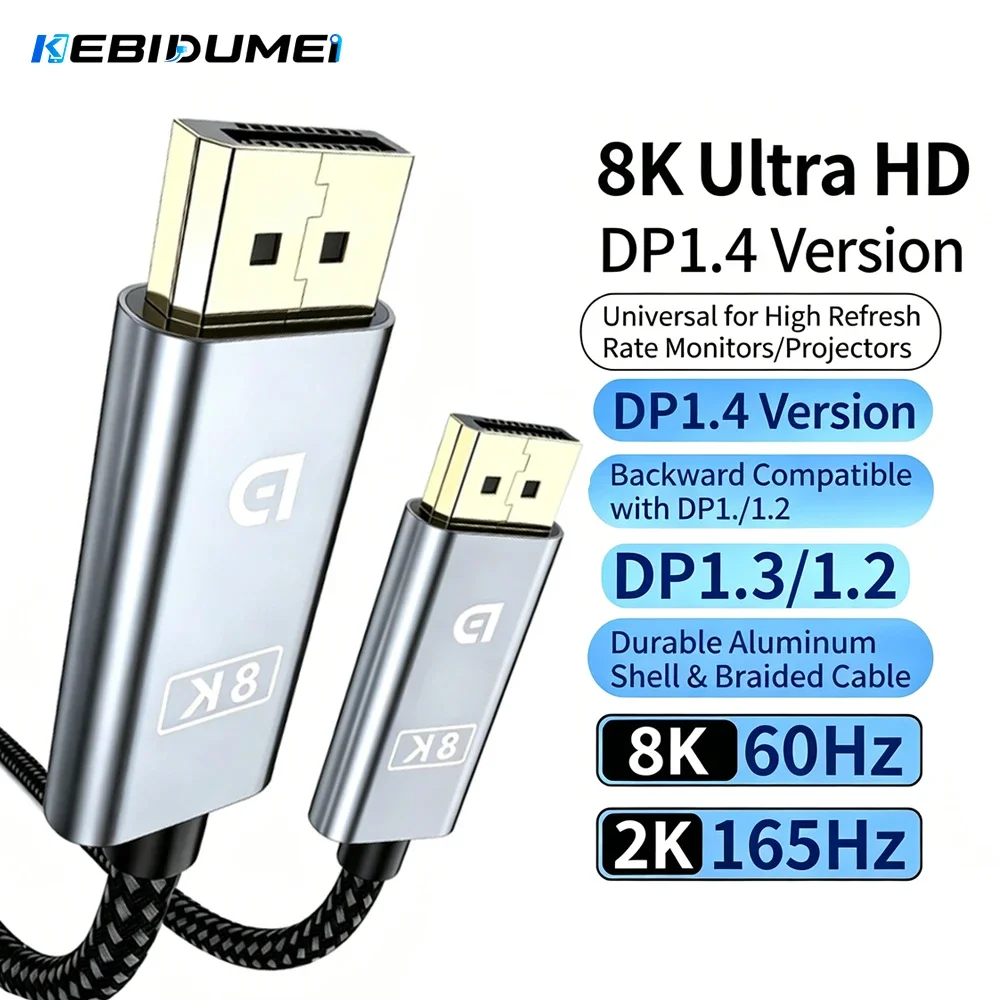 Cable DP 1.4 de Alta Velocidad Kebidumei 8K 60Hz, Macho a Macho, Convertidor de Cable DisplayPort para Monitor de Juegos, PC, Video y Audio