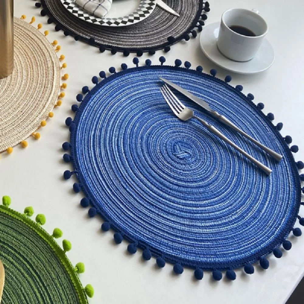 1/6/10PCS Cute Gift Blue Placemats with Pompom for Dining Table Woven Cute Table Mat Coffee Pad Kitchen Accessory Christmas Gift