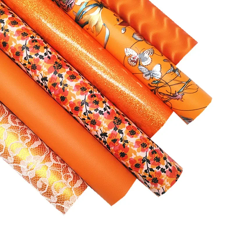 Halloween Orange Faux Leather Sets Flowers Printed Synthetic Leather Sheets Smooth Glitter for DIY Craft 8.2