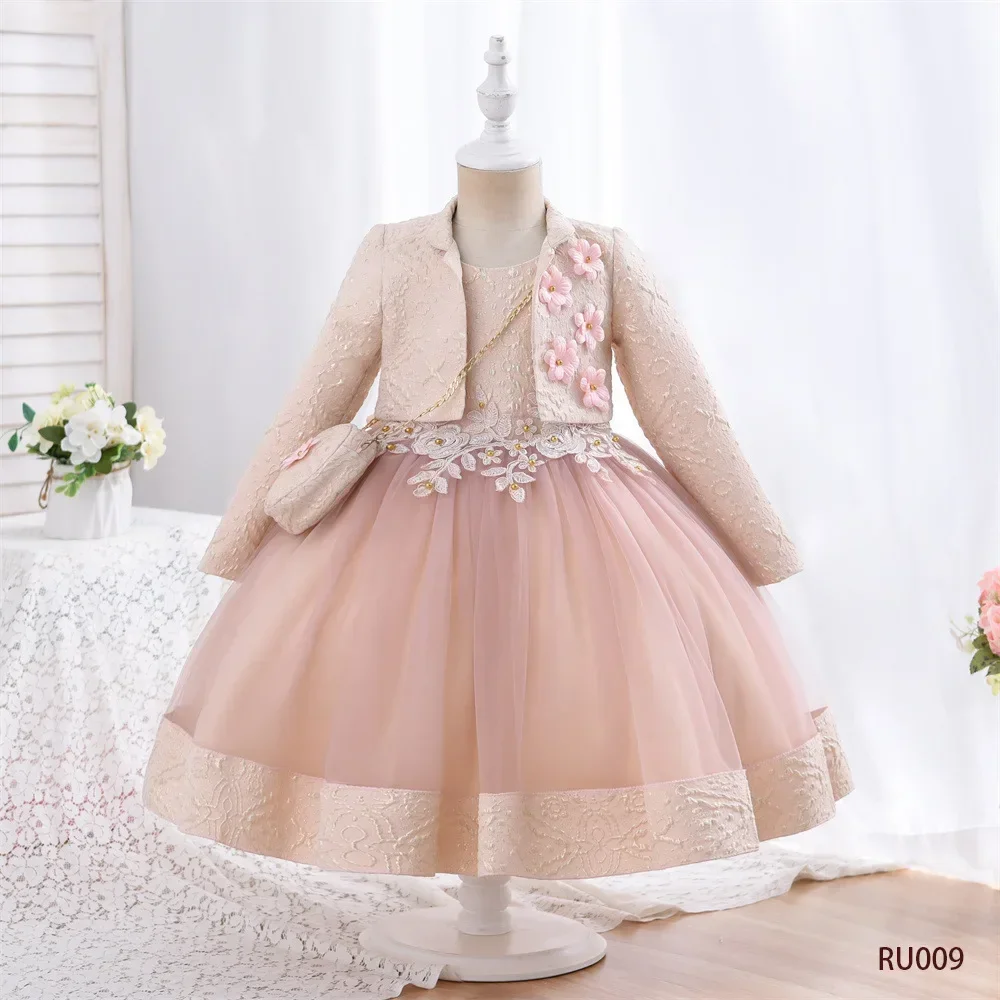 3pcs/set Puffy Dress for Girls Jacquard Pattern Tulle Patchwork Children Clothing 3D Appliques Casual Birthday Dresses