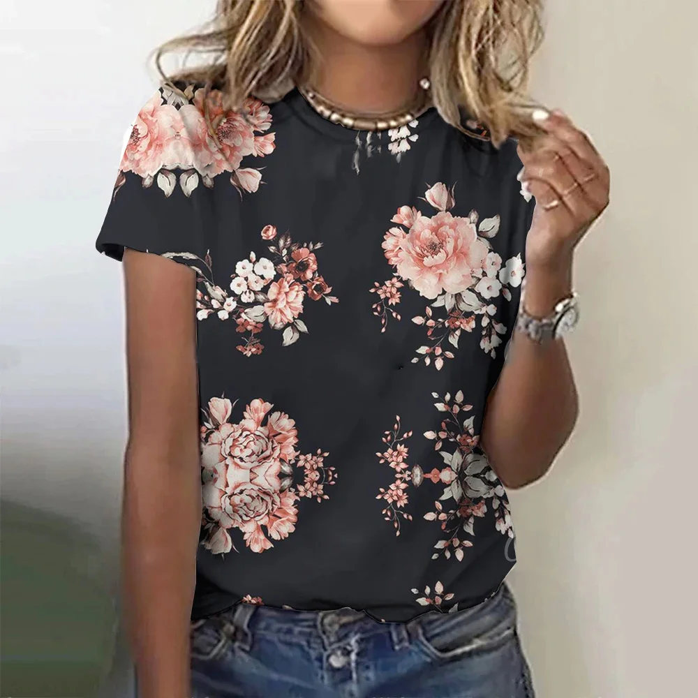 

Women's Plus Size Summer T-shirt 3D Floral Print Clothing, Round Neck Loose Top Fashionable Short Sleeved Women's Party T-shirt