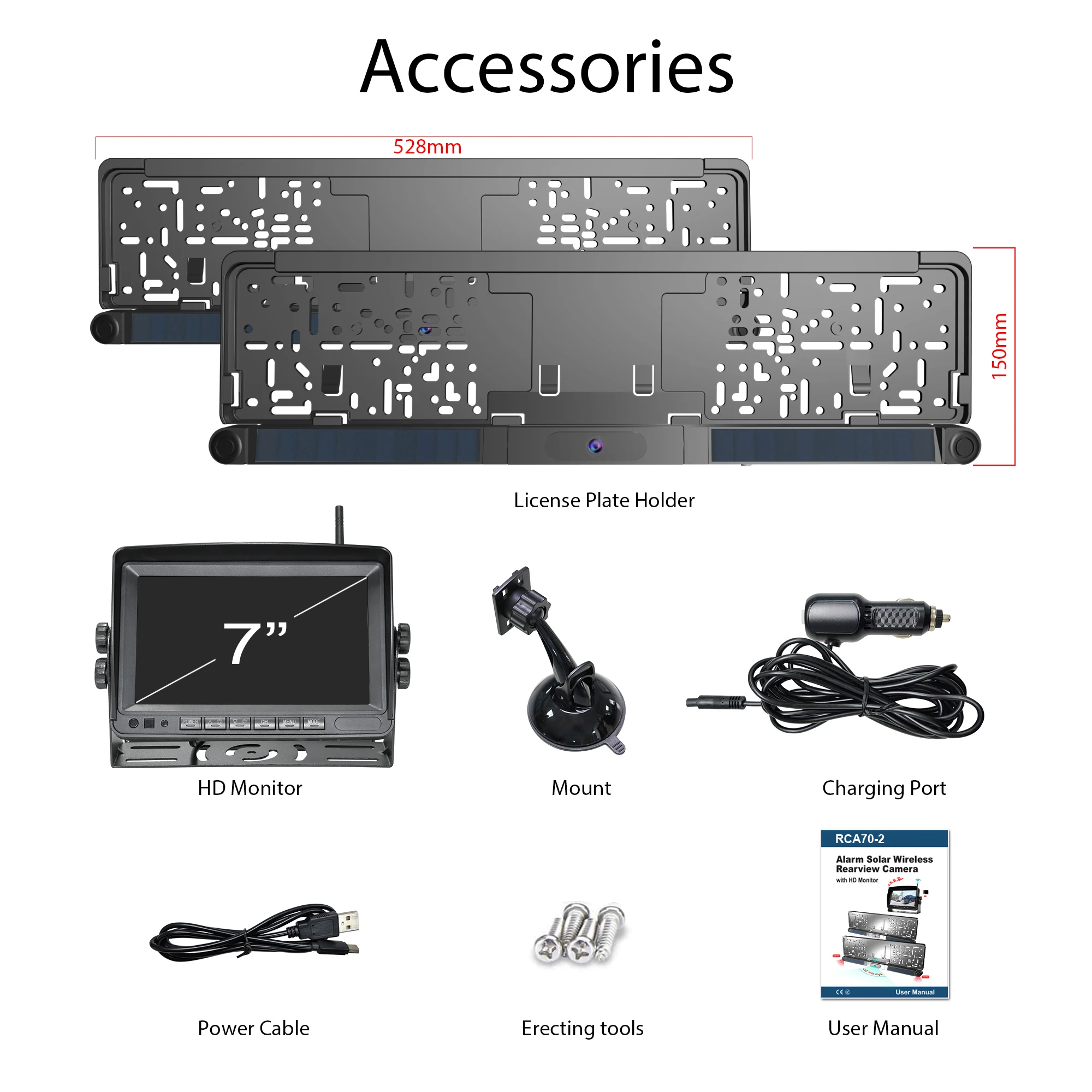DIY Wireless Solar WiFi HD Car Front Rear View European Plate Frame Parking Cameras PDC Sensor with 7 Inch Monitor Recorder