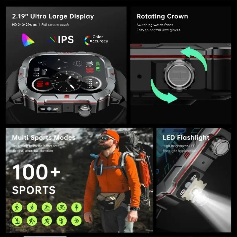 C40Pro Outdoor Sport Smartwatch Met LED Zaklamp 2.01 Ultra Groot Scherm Bluetooth Oproepen Waterdicht Schokbestendig Stofbestendig