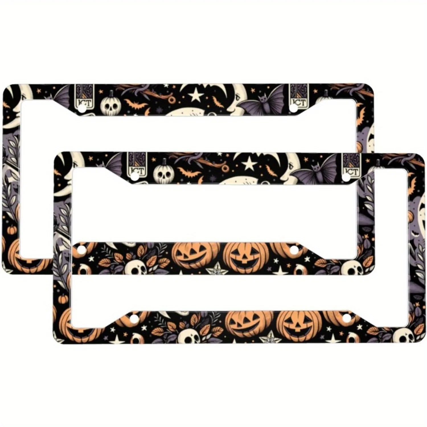 Halloween-Witches-Pumpkins-Skeletons 2-Pack Aluminum License Plate Frames, Universal Car License Plate Holder with 4 Holes