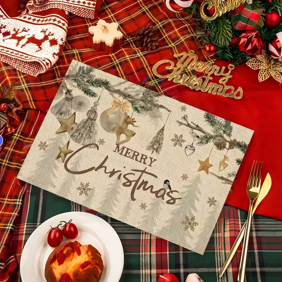 

4/6pcs Christmas-Themed Linen Placemats with Pine, Star & Bird Print, Washable Heat-Resistant Table Mats
