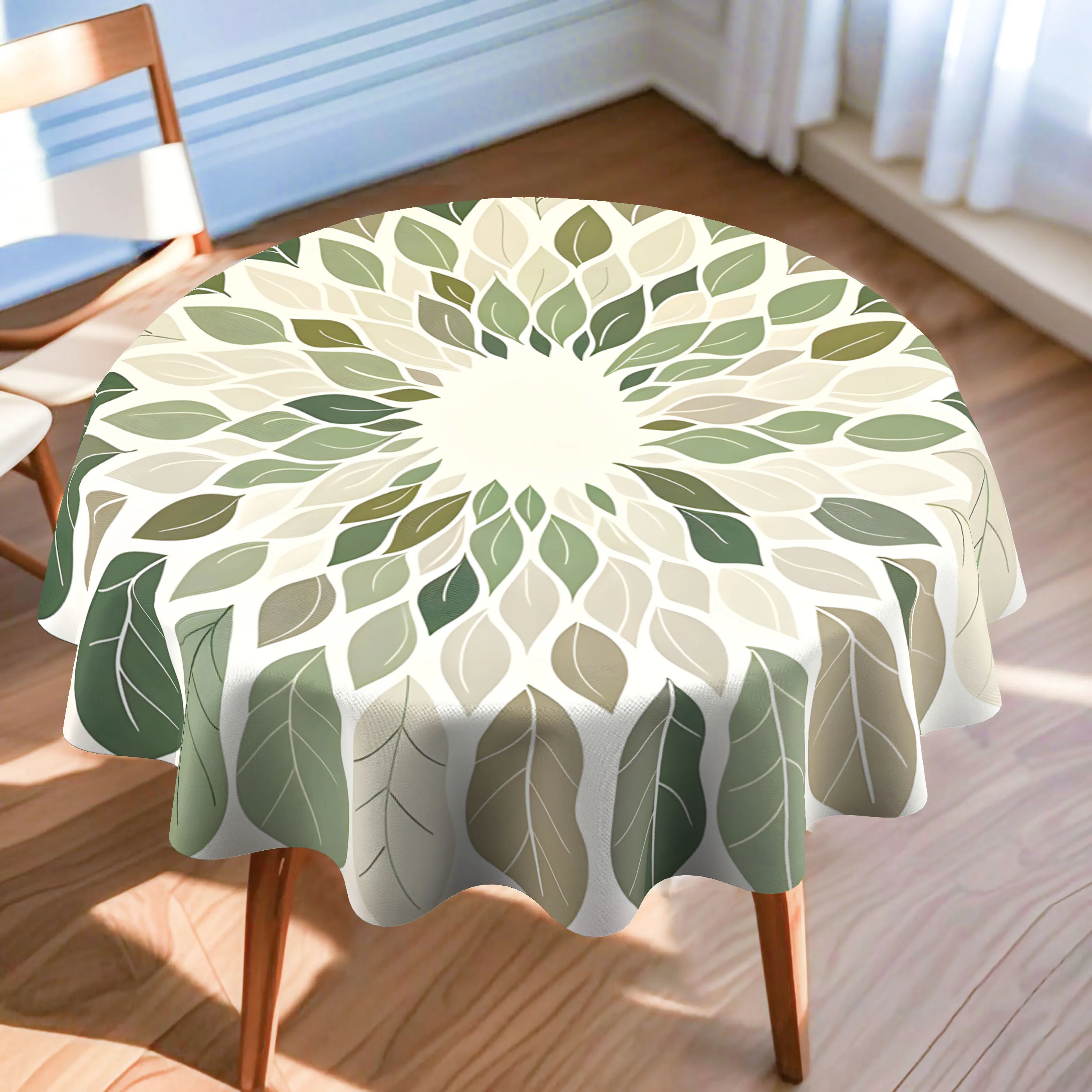 Round tablecloth, green and white plant pattern print tablecloth 2D flat print, available in all seasons and durable