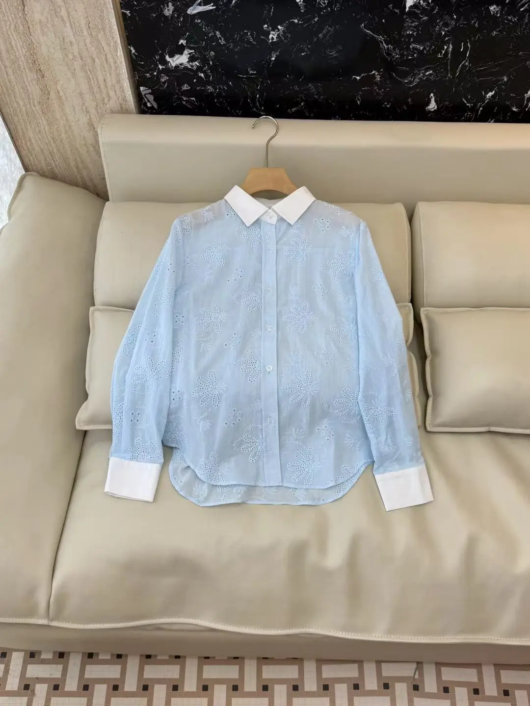 Women Hollow Embroidery Blouse Color Contrast Lapel Collar Oversized Long Sleeve Shirt Fashion Casual Loose Fit Top