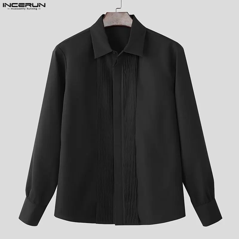 

INCERUN Мужская рубашка, однотонная плиссированная повседневная мужская рубашка с лацканами и длинными рукавами, уличная одежда, весенняя элегантная мода 2026, топы Camisas