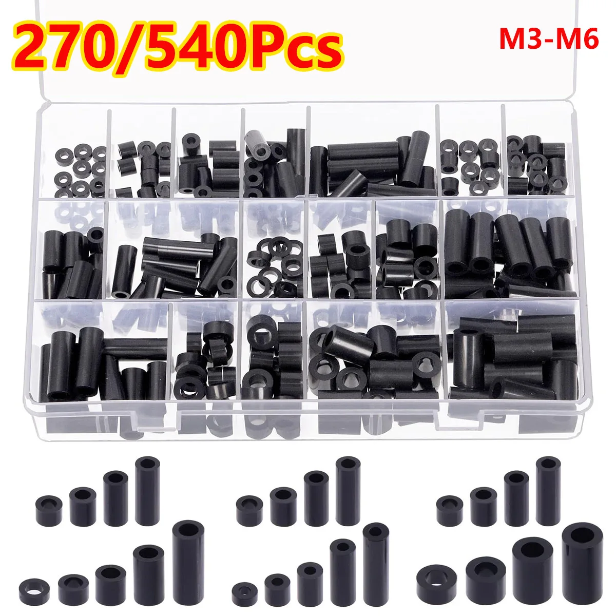 270/540Pcs 18 Sizes Black Nylon Round Spacer Kit Standoff Screw Nut Assortment Kit for M3 M4 M5 M6 Screws Prototyping DIY Bolts