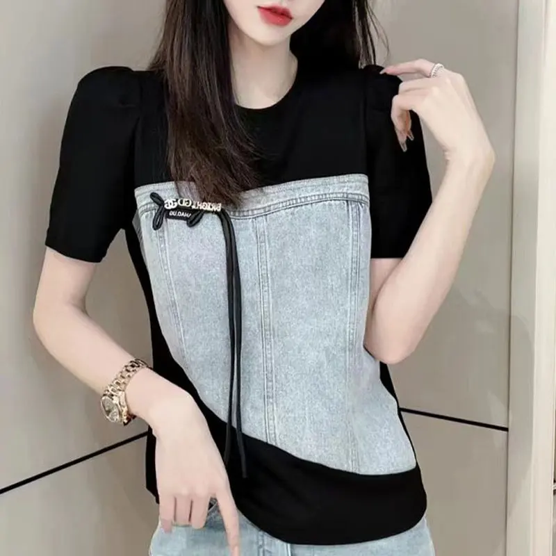 Female Clothing Solid Color Shirt Casual Denim Patchwork Summer Chic Three-dimensional Decoration Drawstring Asymmetrical Blouse