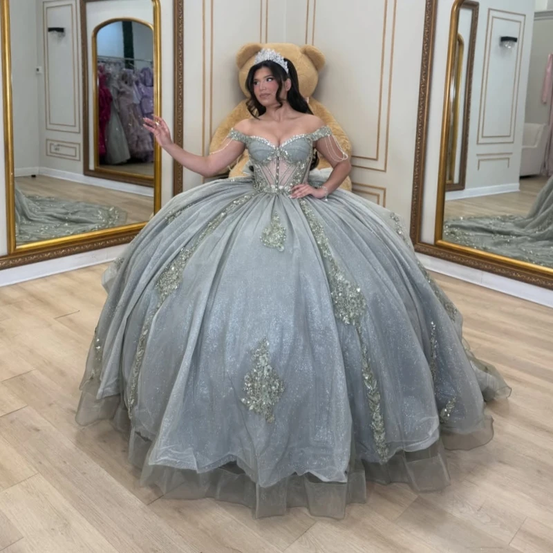 Olive green Glitter Quinceanera Dresses Off Shoulder Ball Gown Sweet 16 Dress Applique Beads Bow Tull Corset Party Birthday Vest