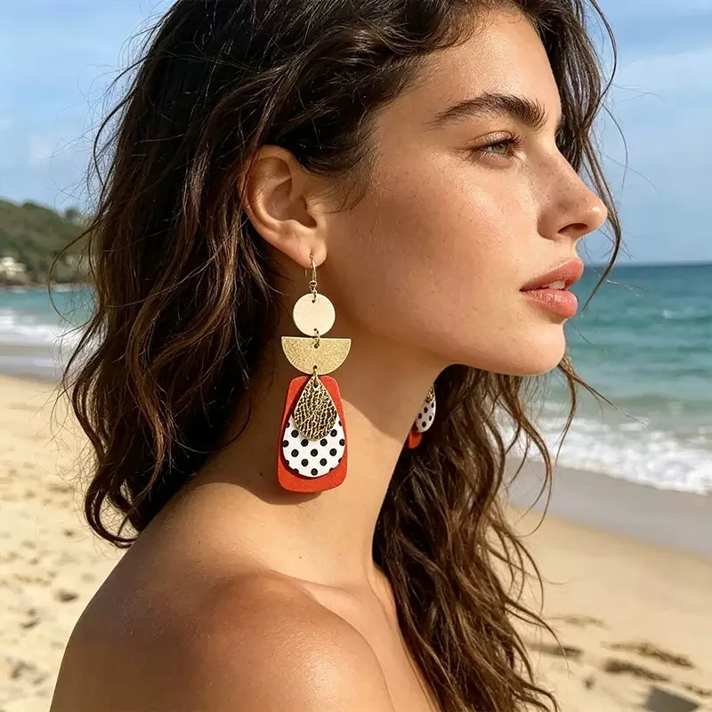 

New Multi-Layer Patchwork Black White Polka Dot Leather Dangle Earrings, Trendy Fashion Statement Jewelry for Women Hot Sale