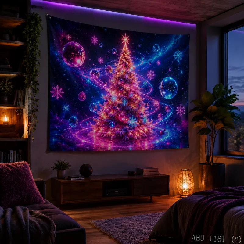 VIKAMA Dreamy Star River Neon Ball Christmas Tree Christmas Tapestry, HD Wall Cloth, Whimsical Festive Background Decor