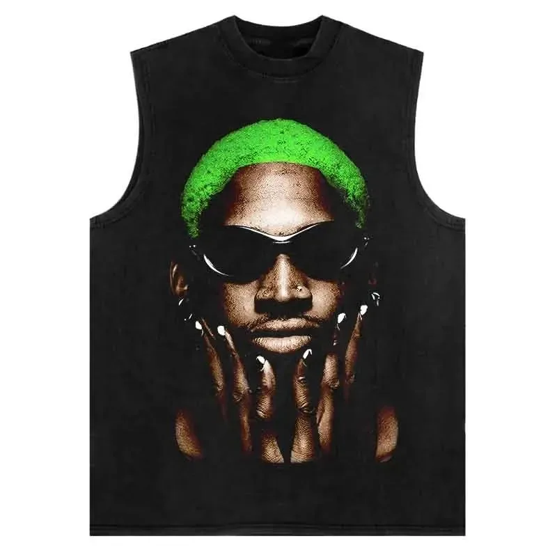 2024 Summer Men's Fashion Washable Sleeveless T-shirt Hip Hop Rodman Print Vintage Tank Top Street Harajuku Cotton Vest