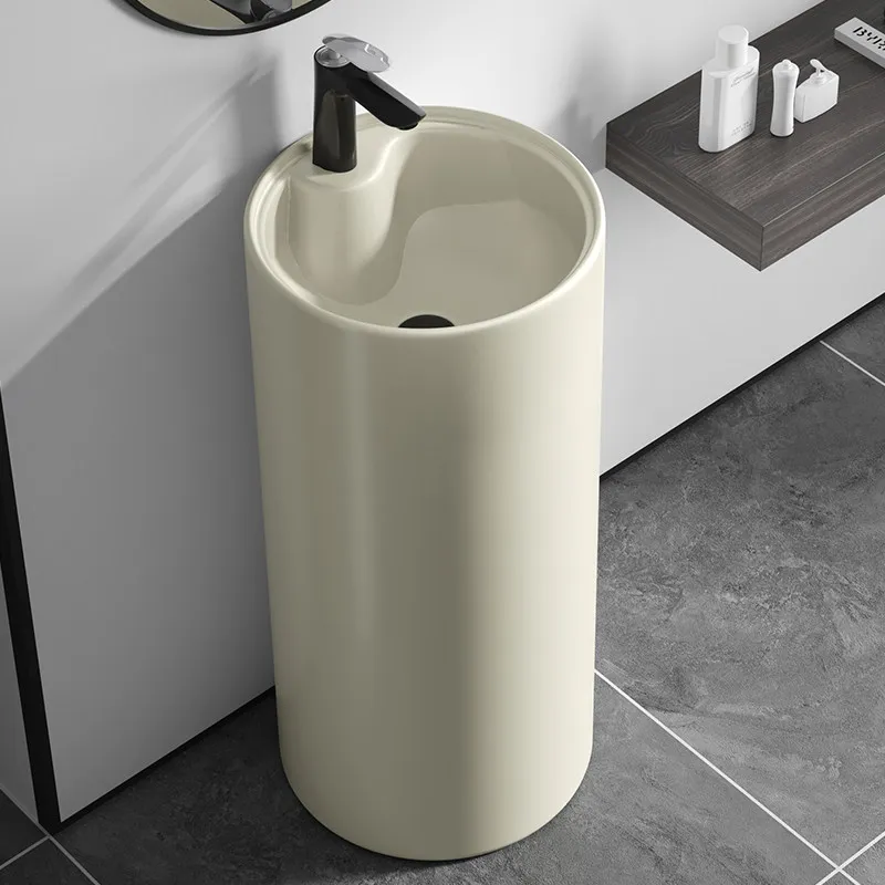 Cream Style Pedestal Ceramic Wash Basin Integrated Floor Standing Purple Combined Hand Basin For Small Apartments