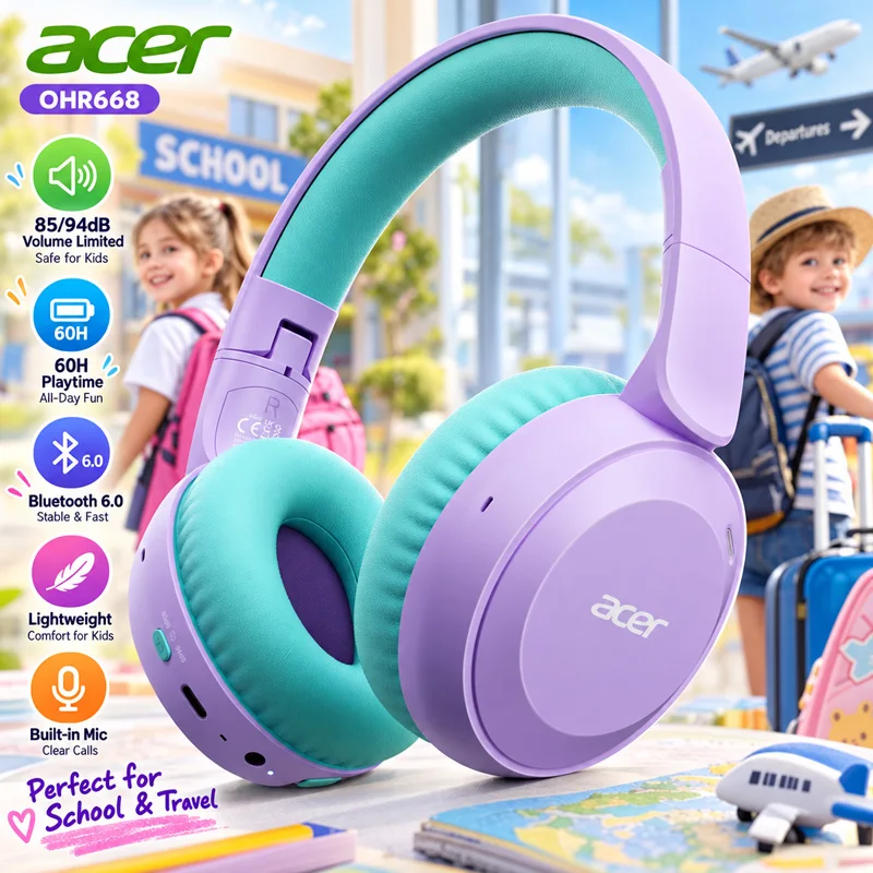 Acer Kids Bluetooth 6.0 Headphones 85/94dB Volume Limited Lightweight Over-Ear Wireless Toddler Headphones with Built-in Mic