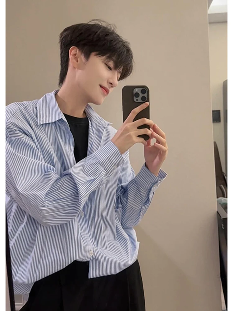 

Blue Vertical Stripes Casual Long Sleeve Men's Shirt Summer Inner Wear Korean Style Youthful Outerwear Loose Fit No Ironing N...