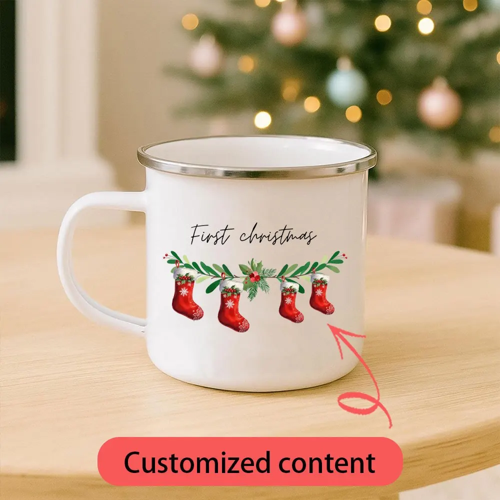 2026 New Family Enamel Mug, Custom Name First Christmas Red Stocking Camping Mug, Family First Christmas Keepsake Gift.
