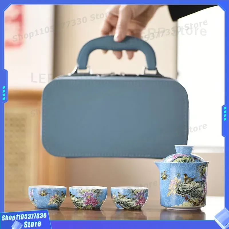 Portable Chinese Ceramic Travel Tea Set Kung Fu Teapot with Cups Full Color Outdoor Car Quick Brew Kit Compact Design for