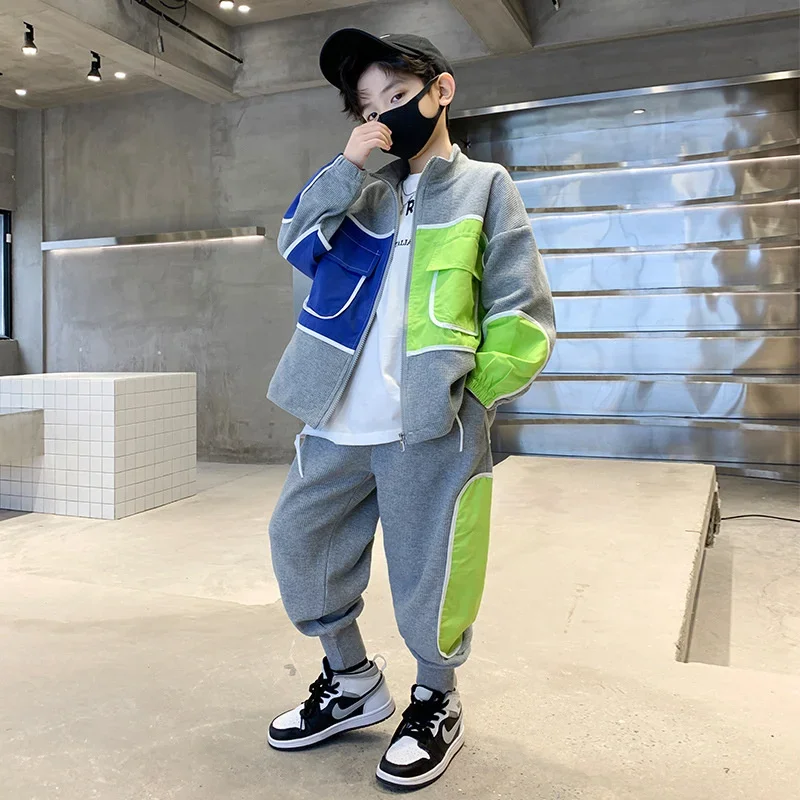 

2025 Splicing Spring Autumn Thicken Sports Sets Kid Breathable Children Clothing Boys Suit Coat +Pants Cotton 2Pcs/Sets