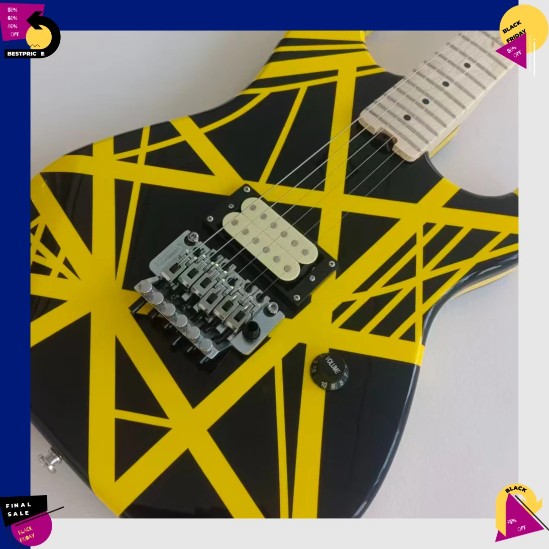 Electric Guitar STT Solid Body Black Base Yellow Irregular Bumblebee Stripes Bridge Single Pickup Double-Locking Trem
