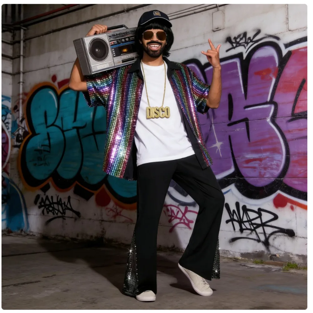 

2026 Mens 70s Disco Costume Retro Bell Bottoms Short Sleeve Shirt Accessories Vintage Party Outfit