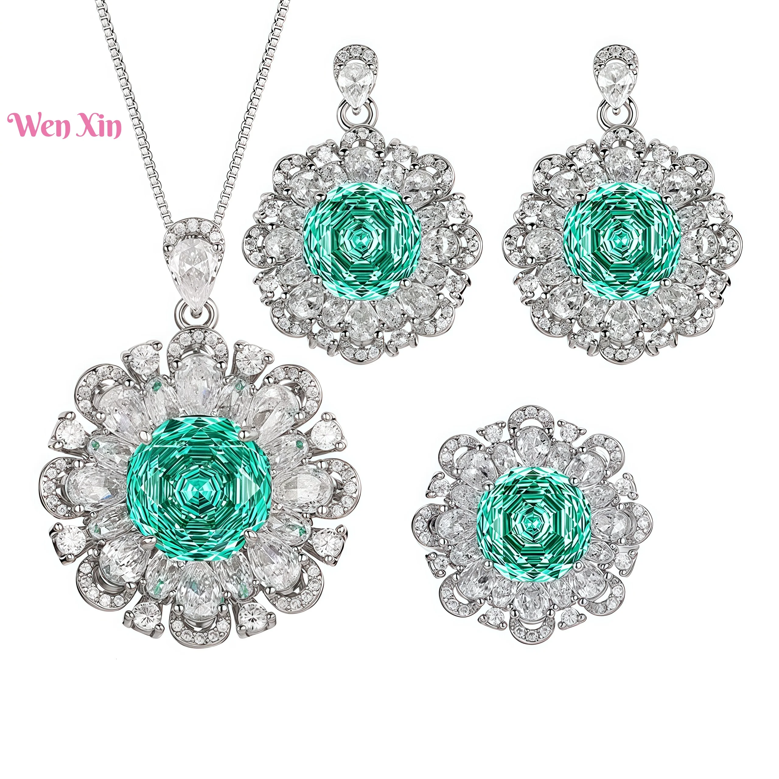 

WENXIN Brand MUSHAN MCT Fashion New Certificated High Quality Party Necklace PendanTemperament Green Flower Pendant Necklace Set
