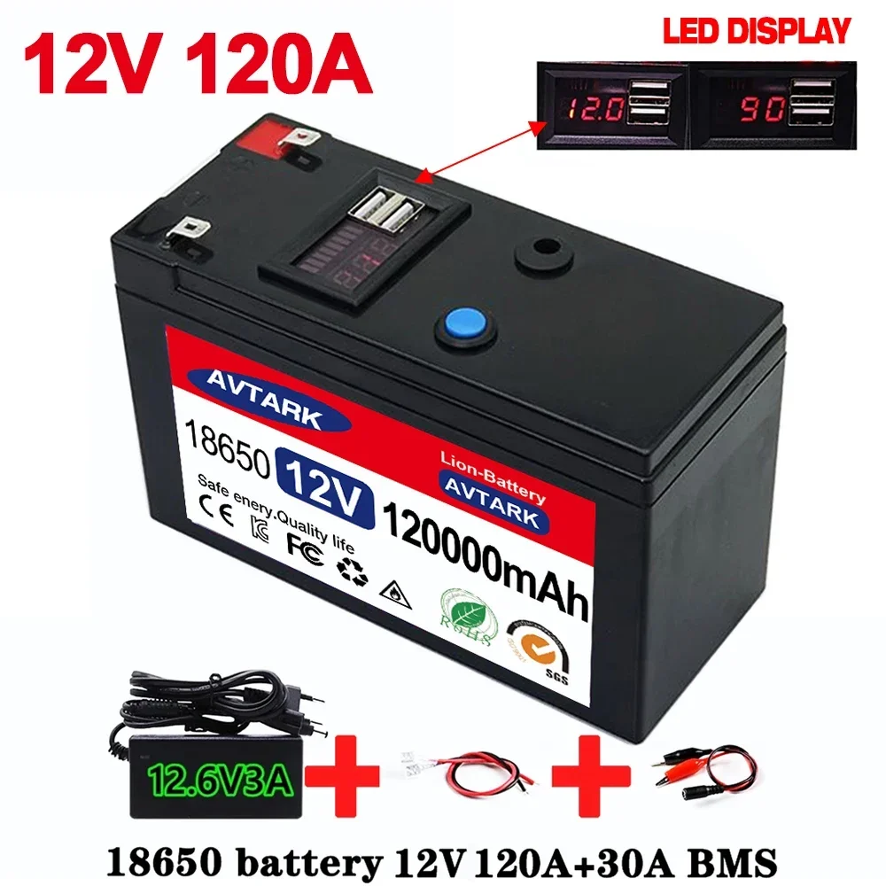 2024 Upgraded LiFePO4 Lithium Battery 12V 120Ah Portable Rechargeable Battery Built-in 5V 2.1A Usb Power Display Port Charging